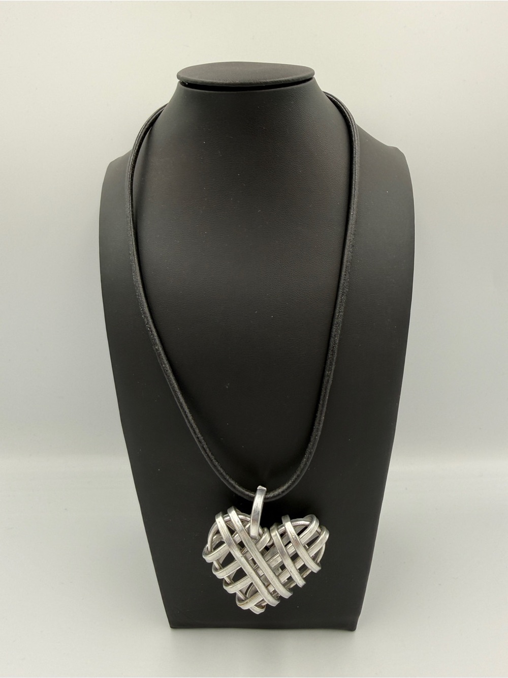 Silver Tone Openwork Woven Heart Pendant Black Cord Statement Necklace